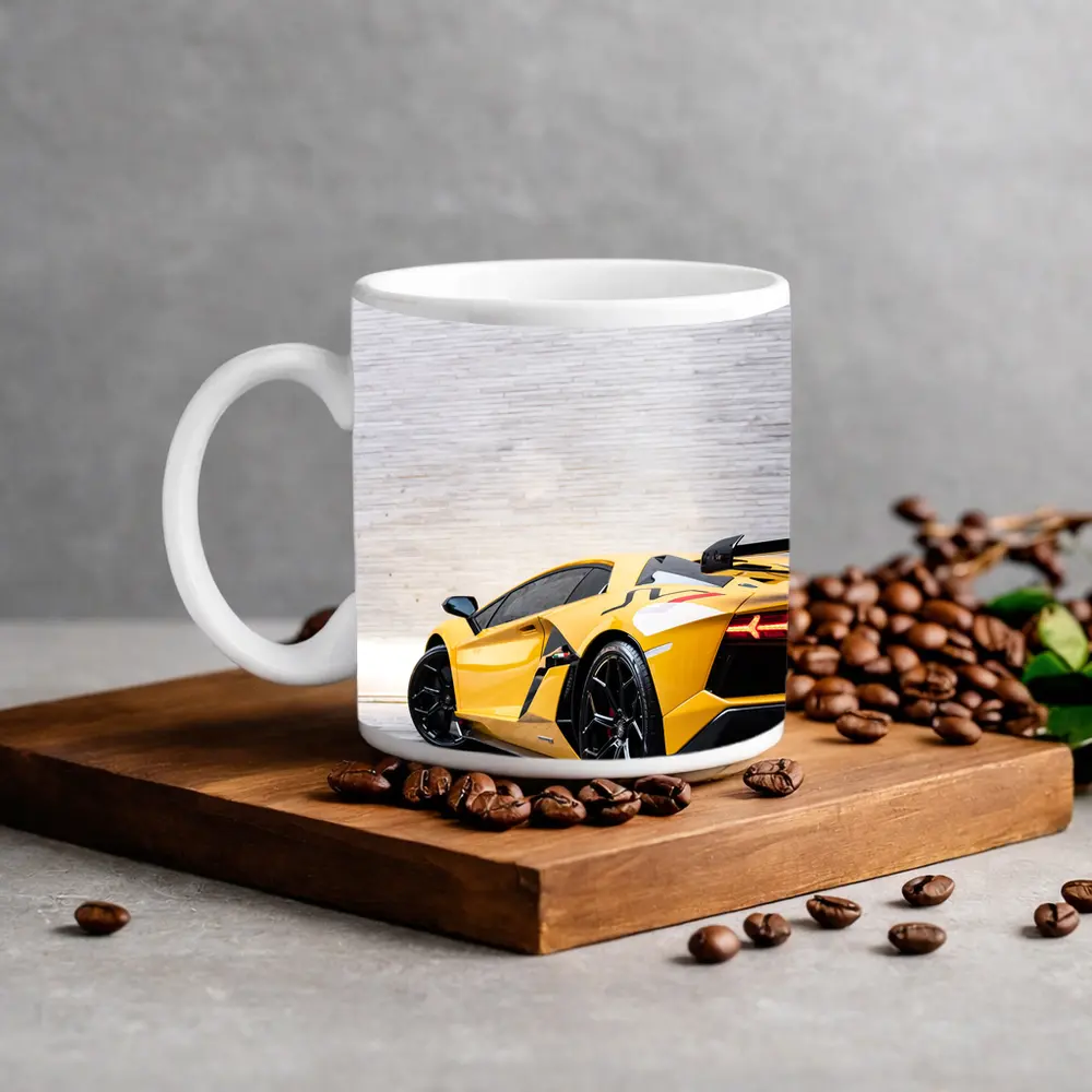 Lamborghini Aventador Yellow Against Concrete Wall – Mugs
