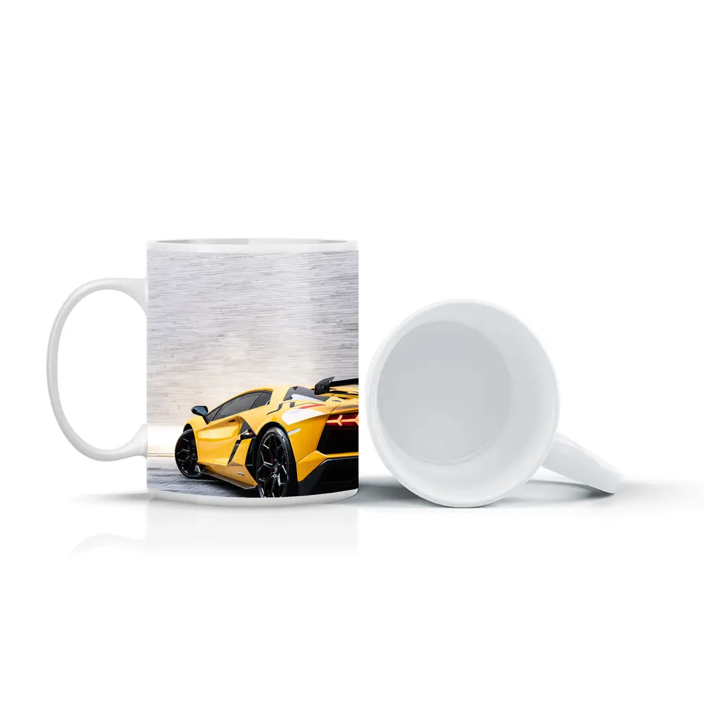 Lamborghini Aventador Yellow Against Concrete Wall – Mugs
