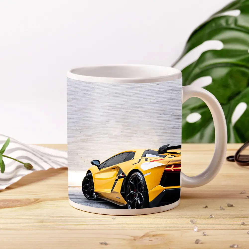 Lamborghini Aventador Yellow Against Concrete Wall – Mugs