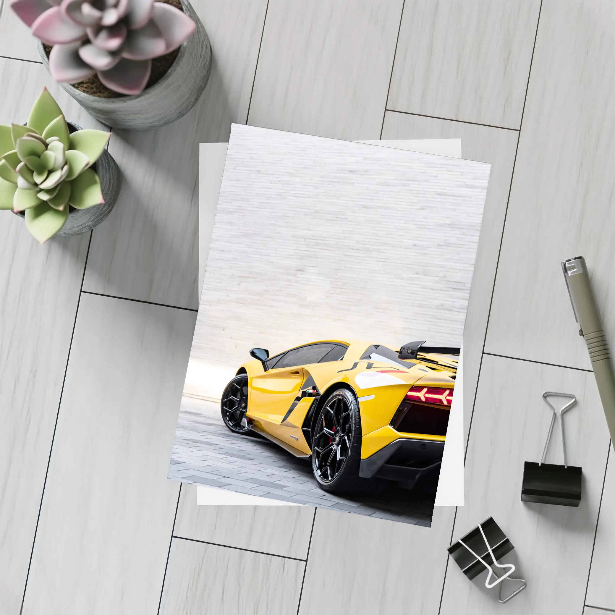 Lamborghini Aventador Yellow Against Concrete Wall – Postcards