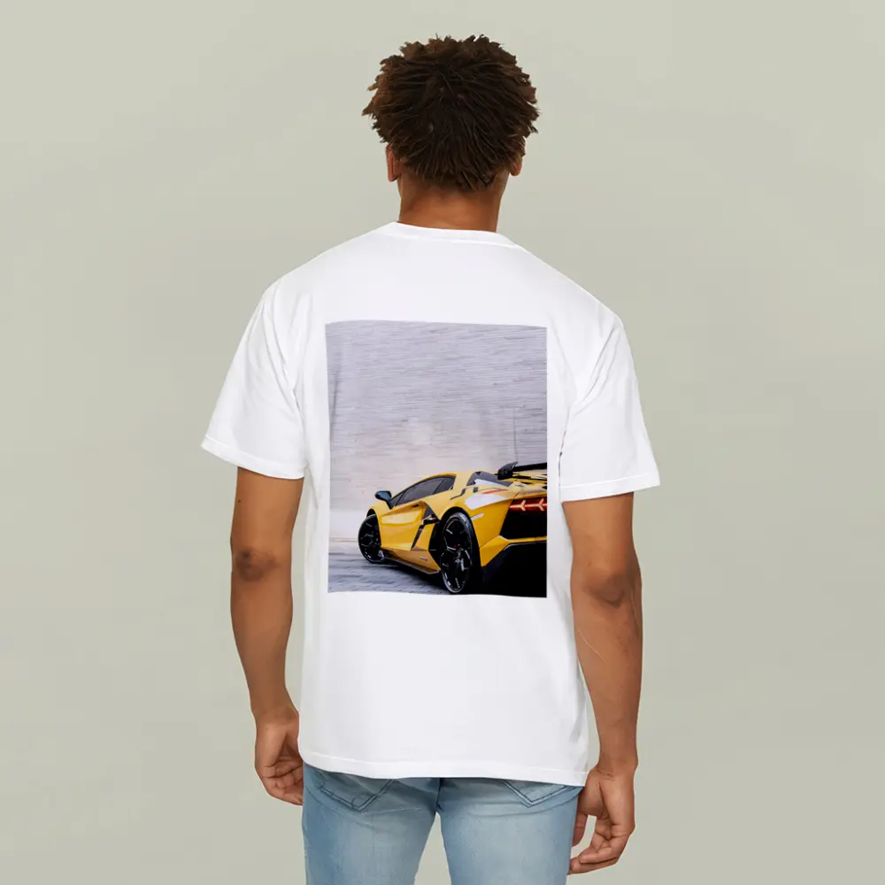 Lamborghini Aventador Yellow Against Concrete Wall – T-Shirts