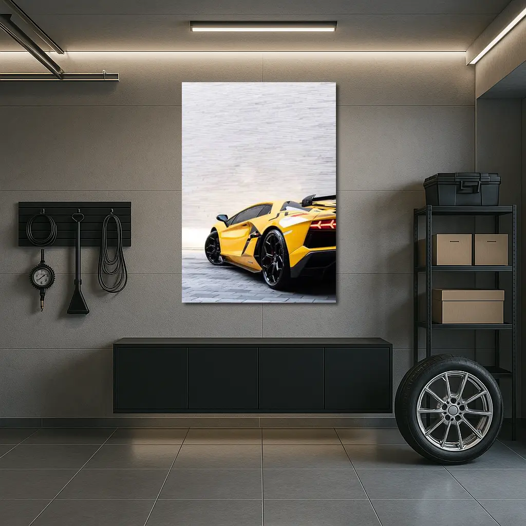 Lamborghini Aventador Yellow Against Concrete Wall – Wall Art