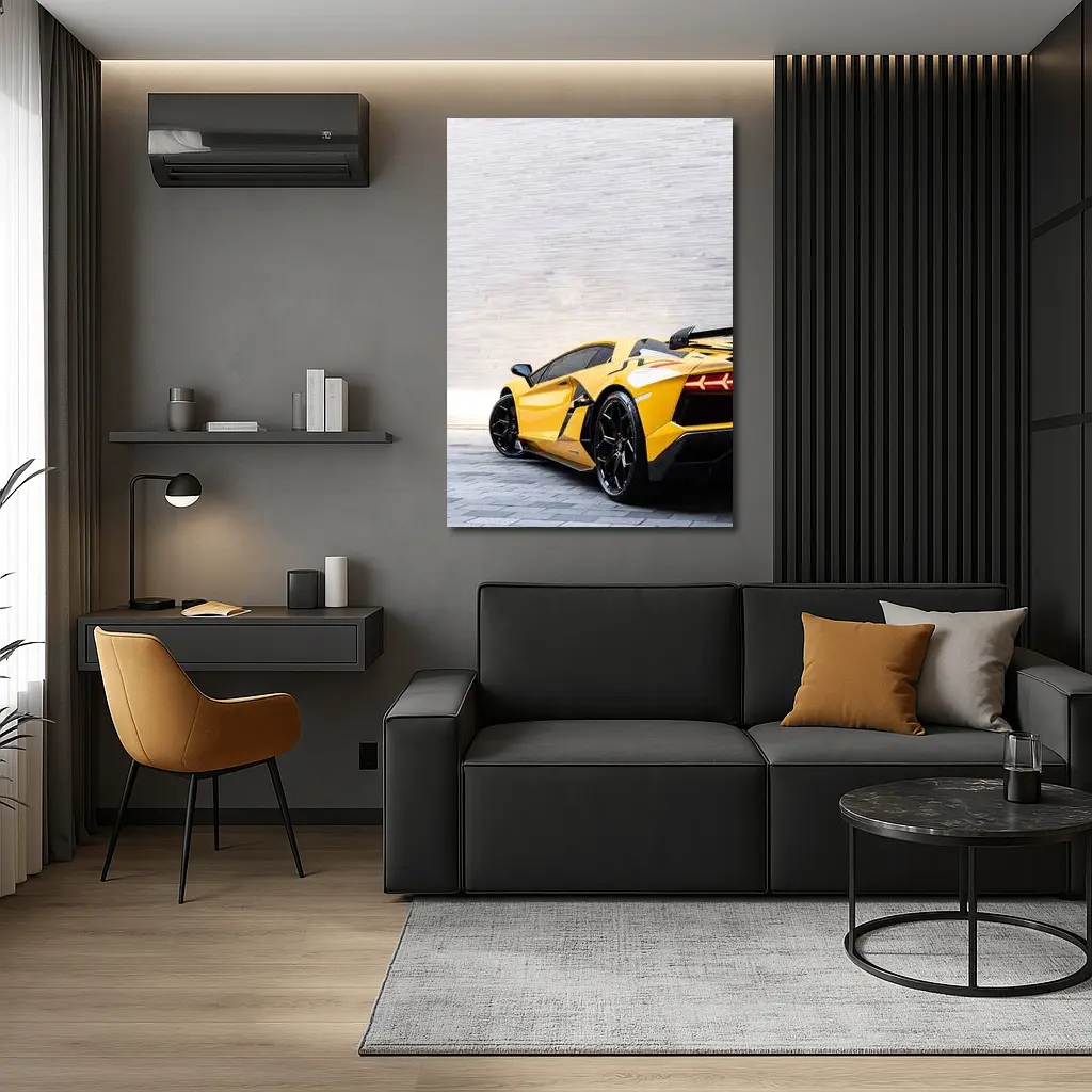 Lamborghini Aventador Yellow Against Concrete Wall – Wall Art
