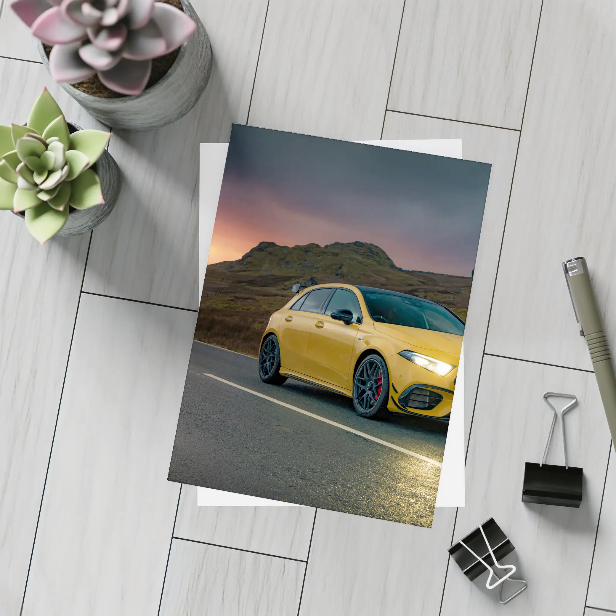 Mercedes AMG Yellow Hatchback Moody Highland Road – Postcards