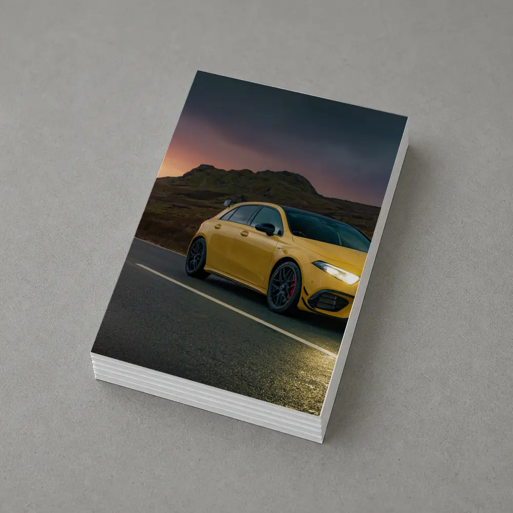 Mercedes AMG Yellow Hatchback Moody Highland Road – Postcards