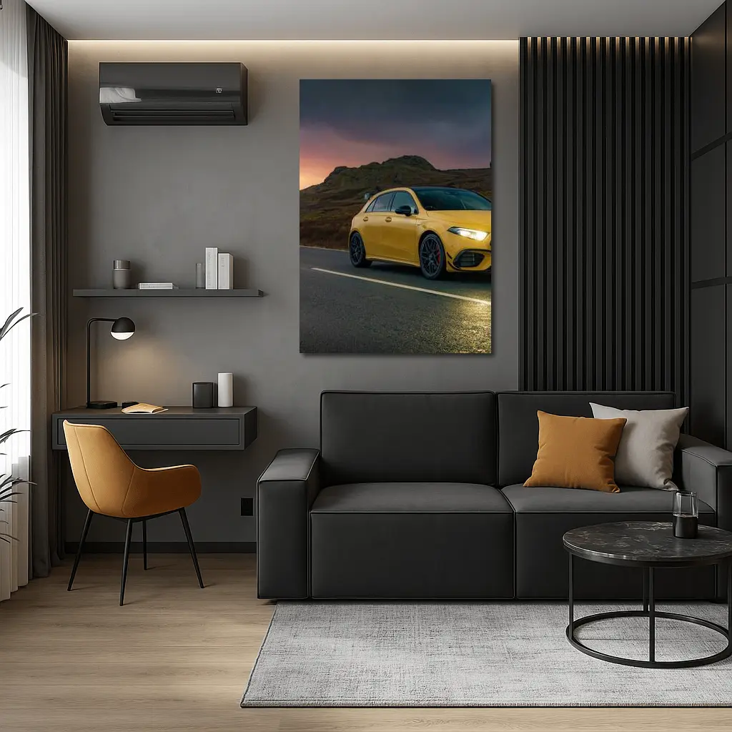 Mercedes-AMG Yellow Hatchback Moody Highland Road – Wall Art