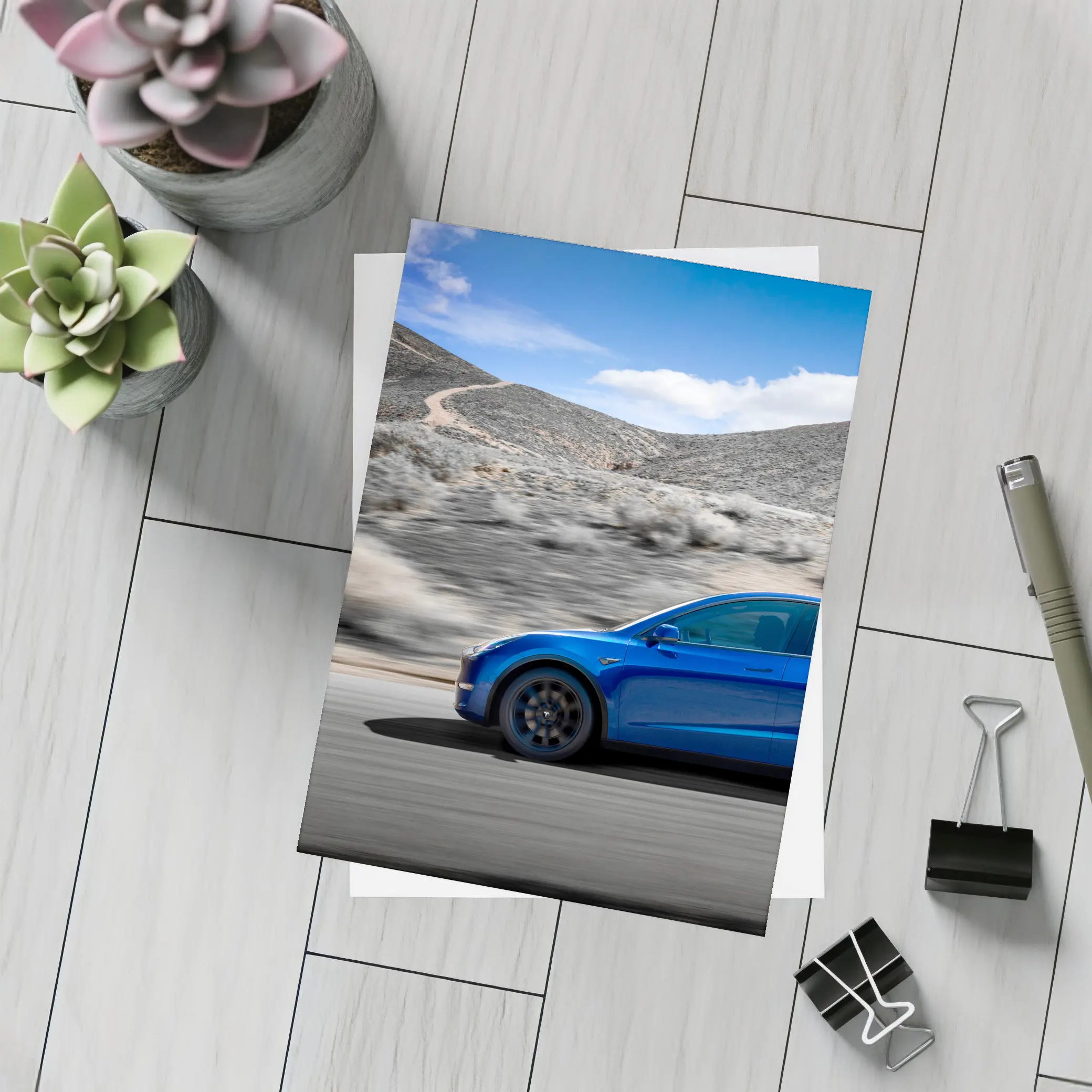 Tesla Model Y Blue Desert Road Drive – Postcards