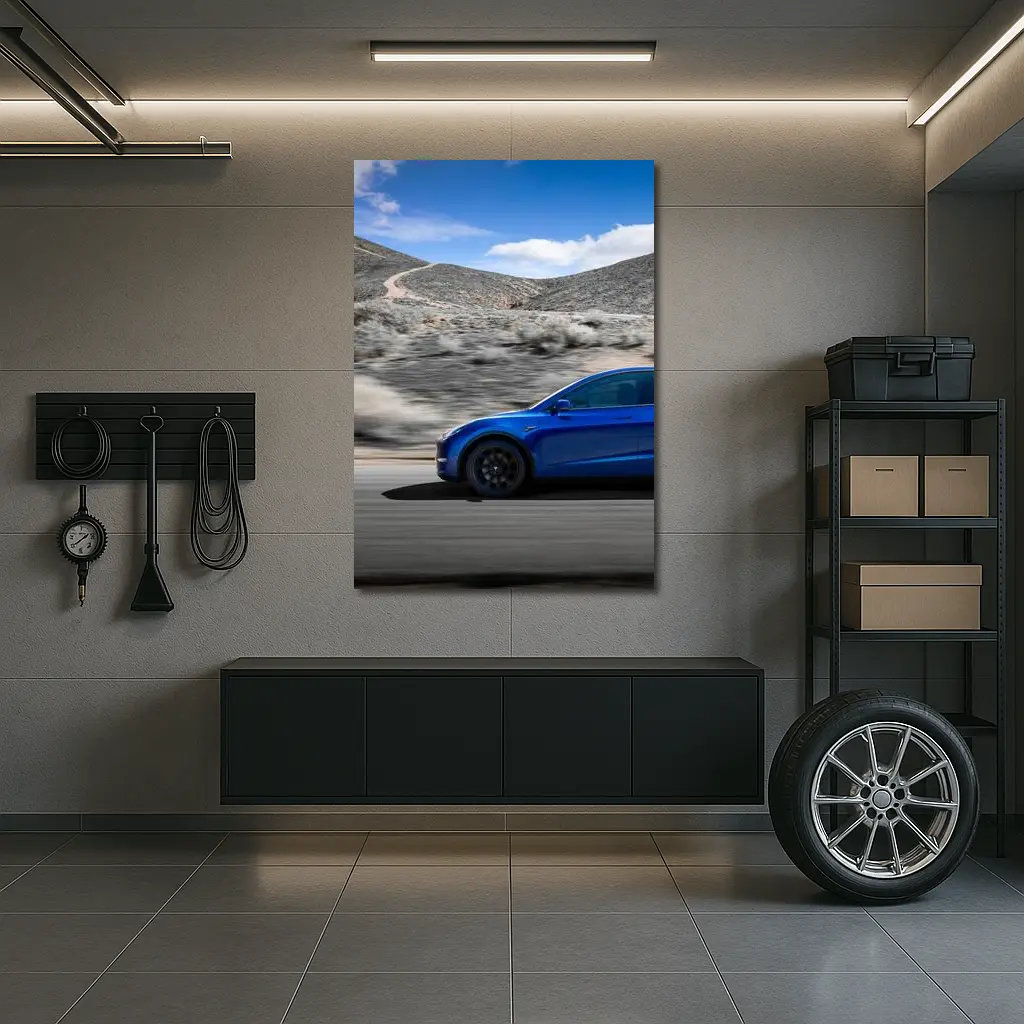 Tesla Model Y Blue Desert Road Drive – Wall Art