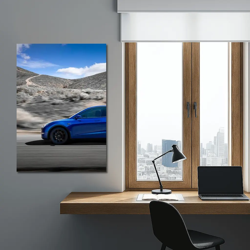 Tesla Model Y Blue Desert Road Drive – Wall Art