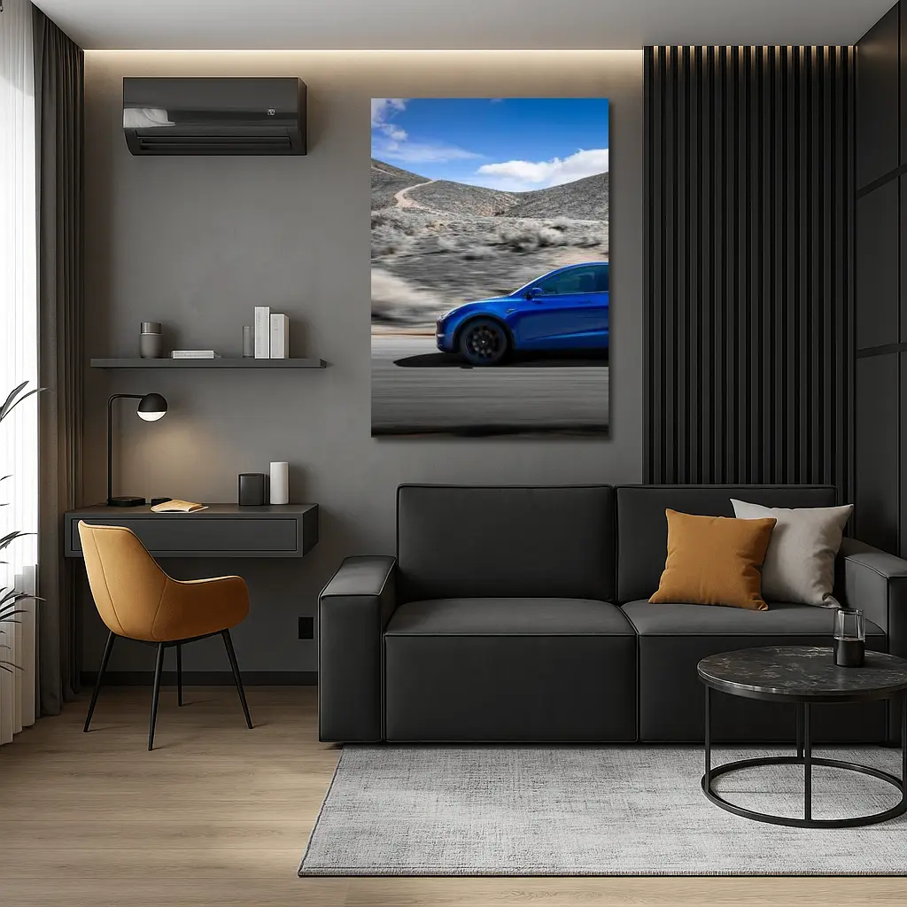 Tesla Model Y Blue Desert Road Drive – Wall Art