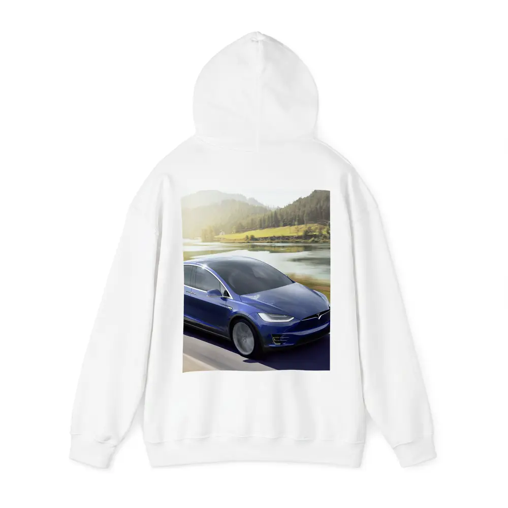 Tesla Model X Blue SUV Mountain Road – Hoodies