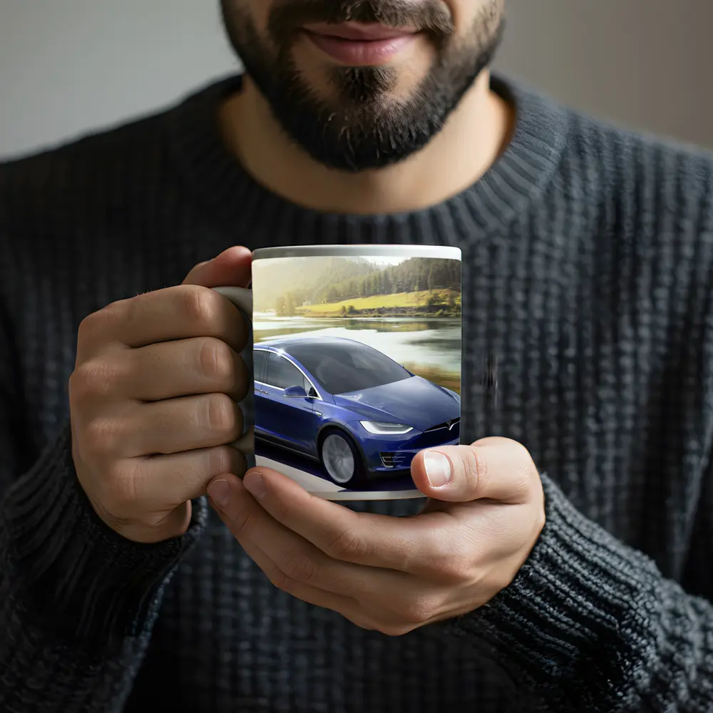 Tesla Model X Blue SUV Mountain Road – Mugs