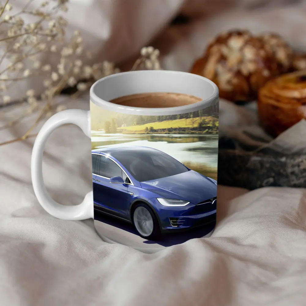Tesla Model X Blue SUV Mountain Road – Mugs