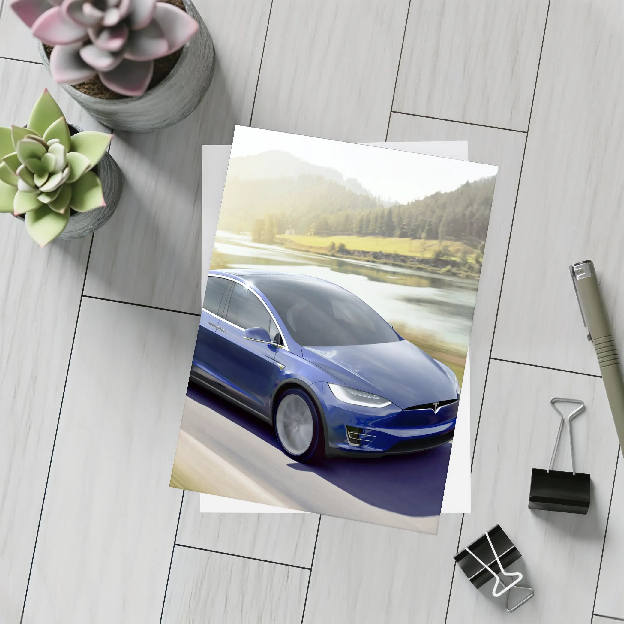 Tesla Model X Blue SUV Mountain Road – Postcards