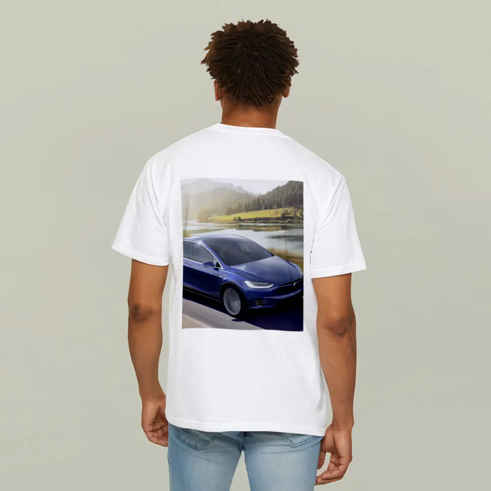 Tesla Model X Blue SUV Mountain Road – T-Shirts