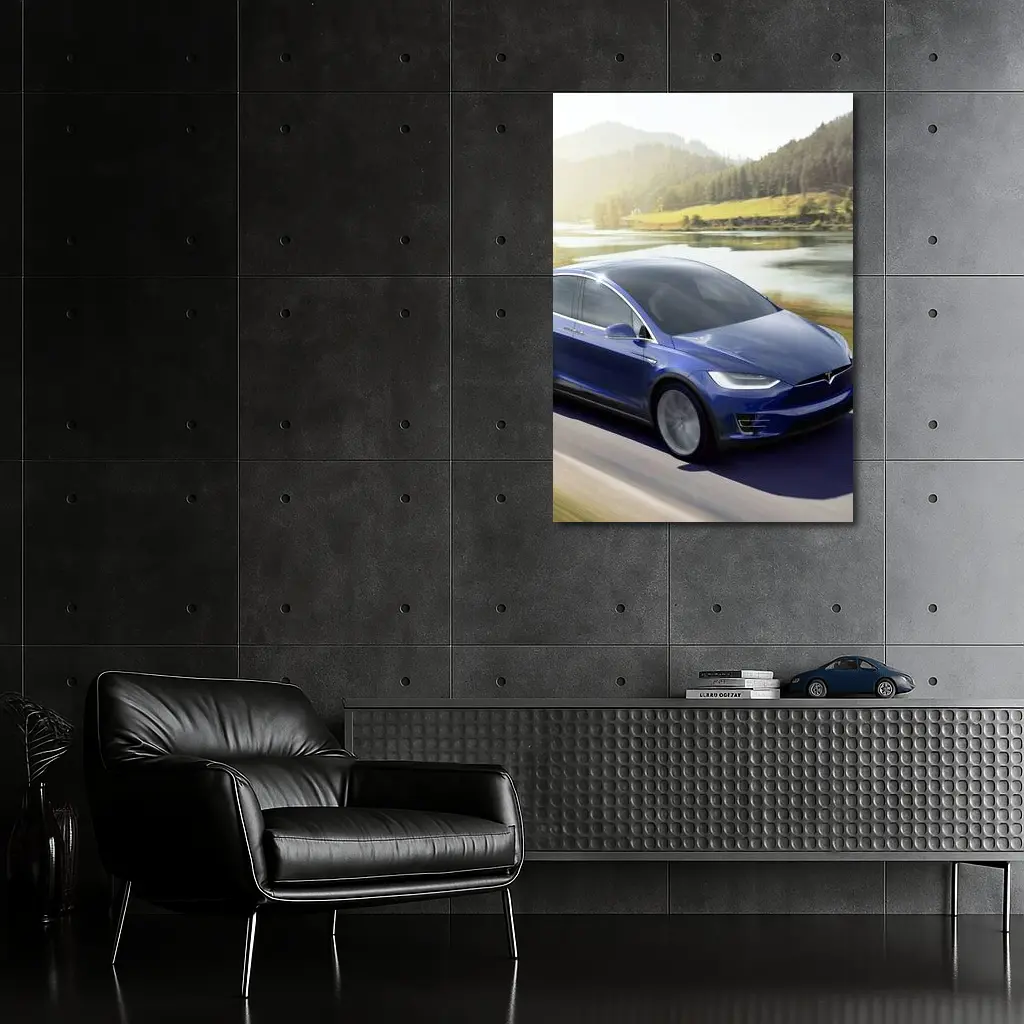 Tesla Model X Blue SUV Mountain Road – Wall Art