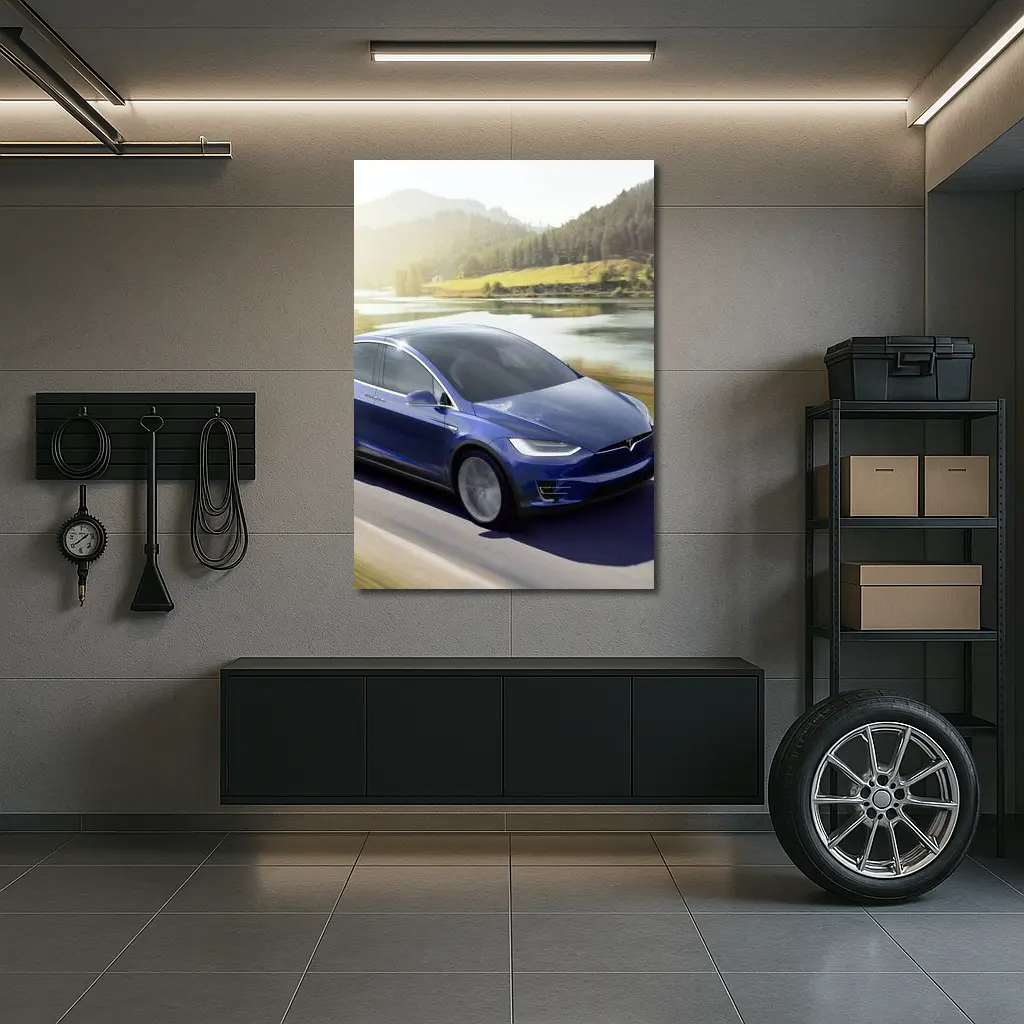 Tesla Model X Blue SUV Mountain Road – Wall Art