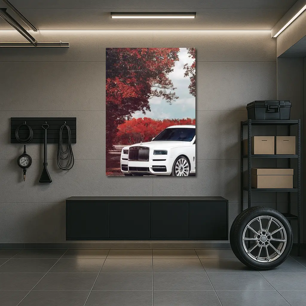 White Rolls-Royce Cullinan Red Autumn Trees – Wall Art
