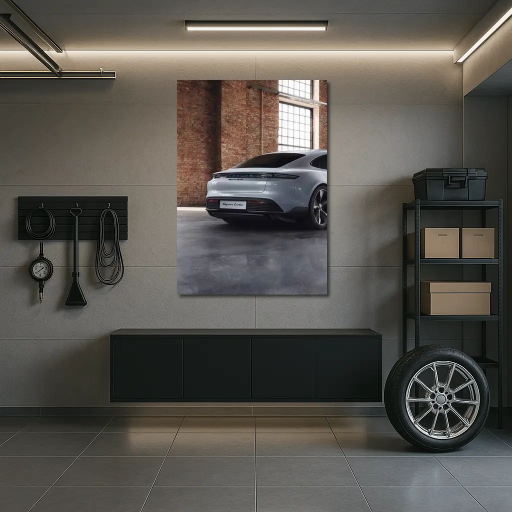 Porsche Taycan Turbo Industrial Garage Setting – Wall Art