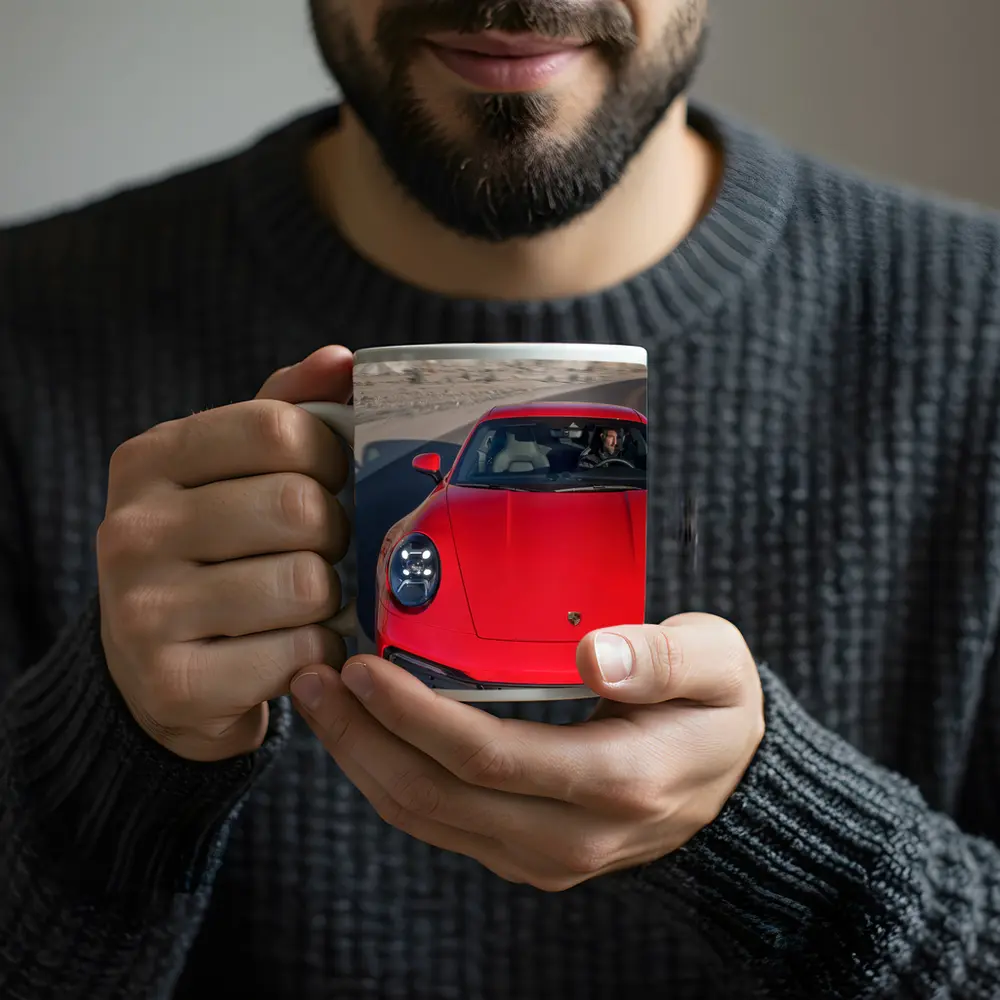 Red Porsche 911 on Mountain Road – Mugs