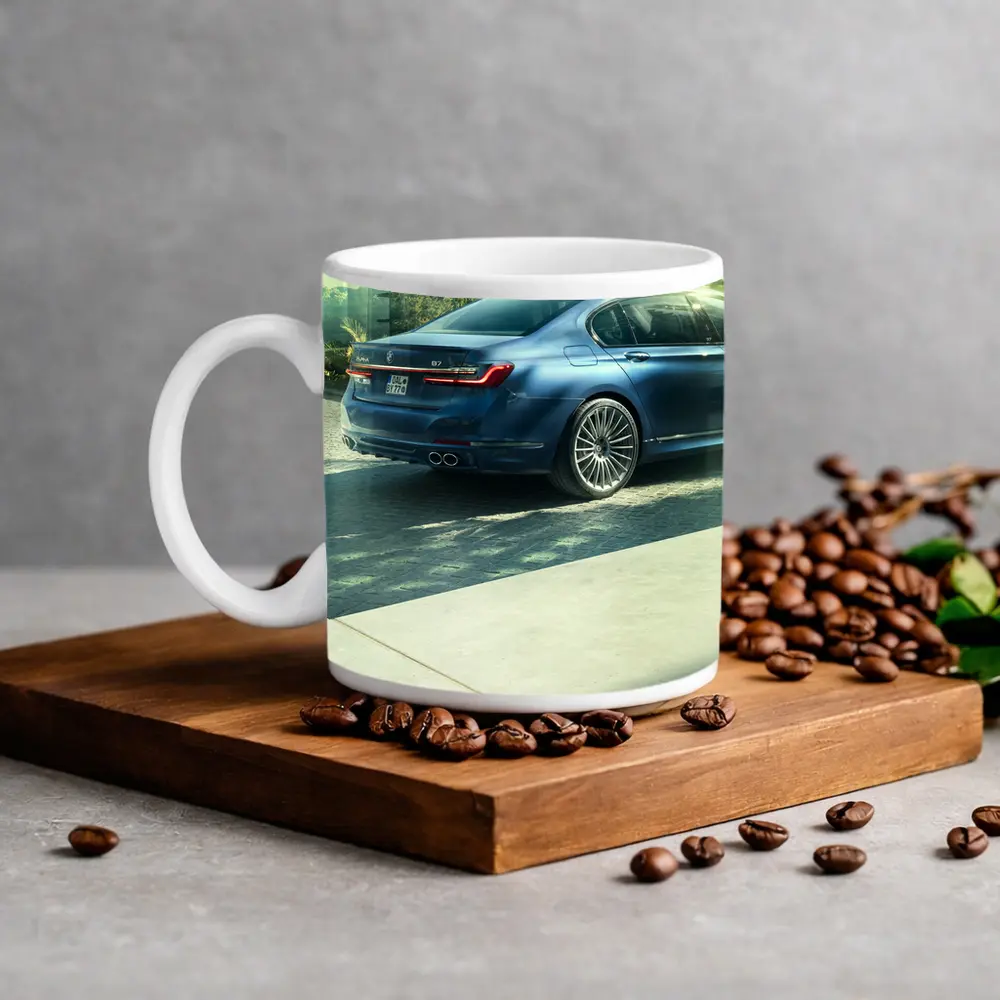 BMW Alpina B7 Blue Sedan Sunlit Street – Mugs
