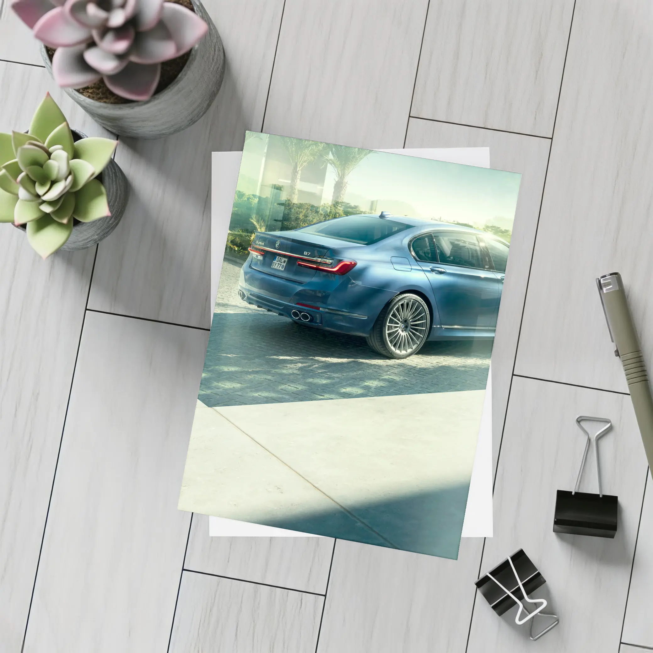 BMW Alpina B7 Blue Sedan Sunlit Street – Postcards