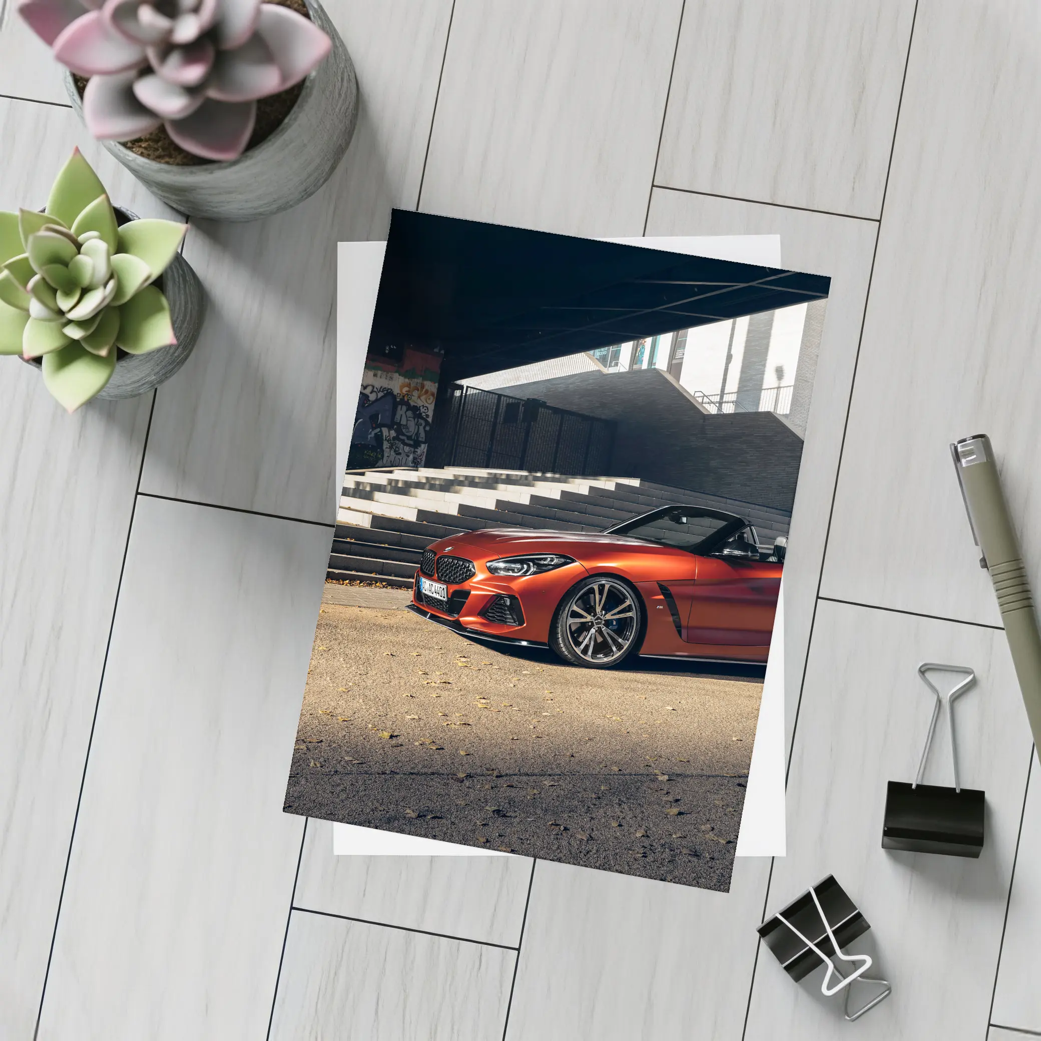 BMW Z4 Orange Roadster Urban Street Scene – Postcards