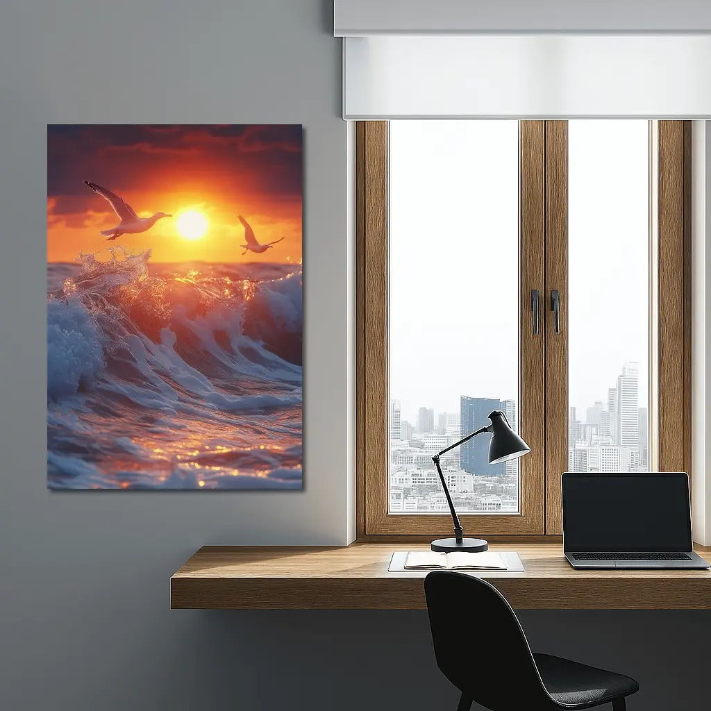 Seagulls Flying Over Ocean Sunset Waves – Wall Art