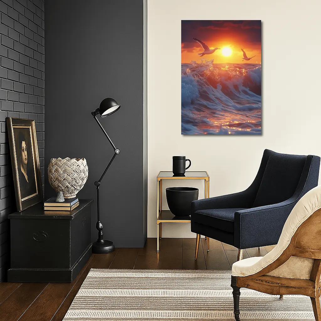Seagulls Flying Over Ocean Sunset Waves – Wall Art