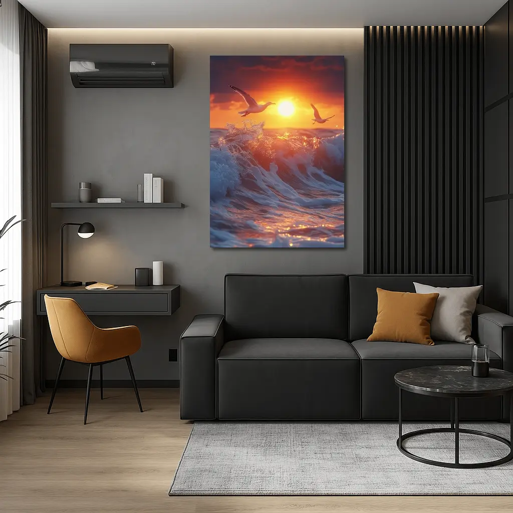 Seagulls Flying Over Ocean Sunset Waves – Wall Art