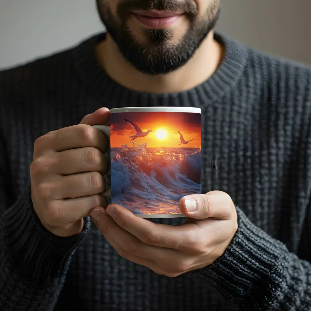 Seagulls Flying Over Ocean Sunset Waves – Mugs