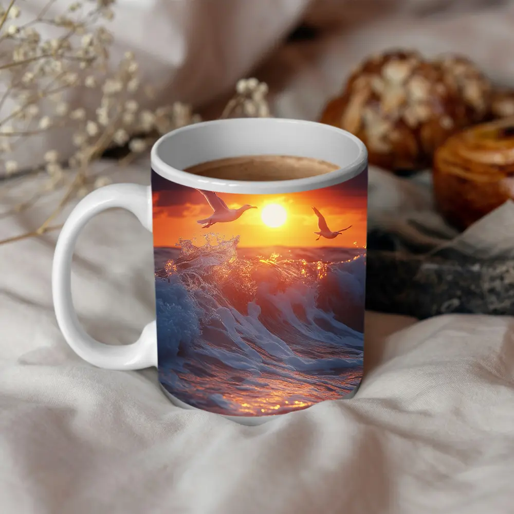 Seagulls Flying Over Ocean Sunset Waves – Mugs