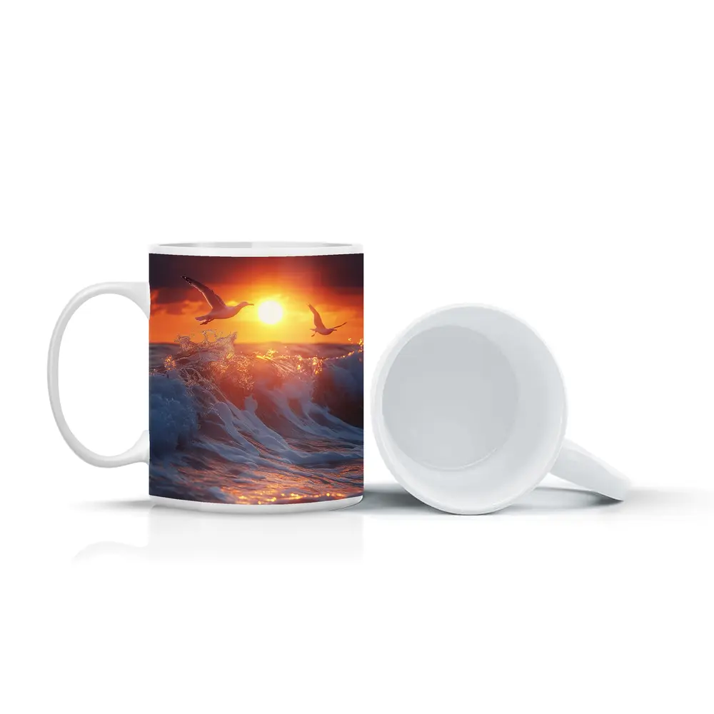 Seagulls Flying Over Ocean Sunset Waves – Mugs
