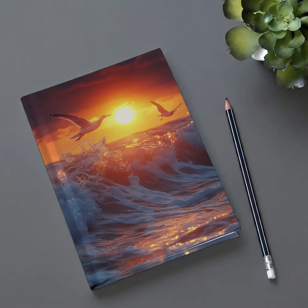 Seagulls Flying Over Ocean Sunset Waves – Notebooks