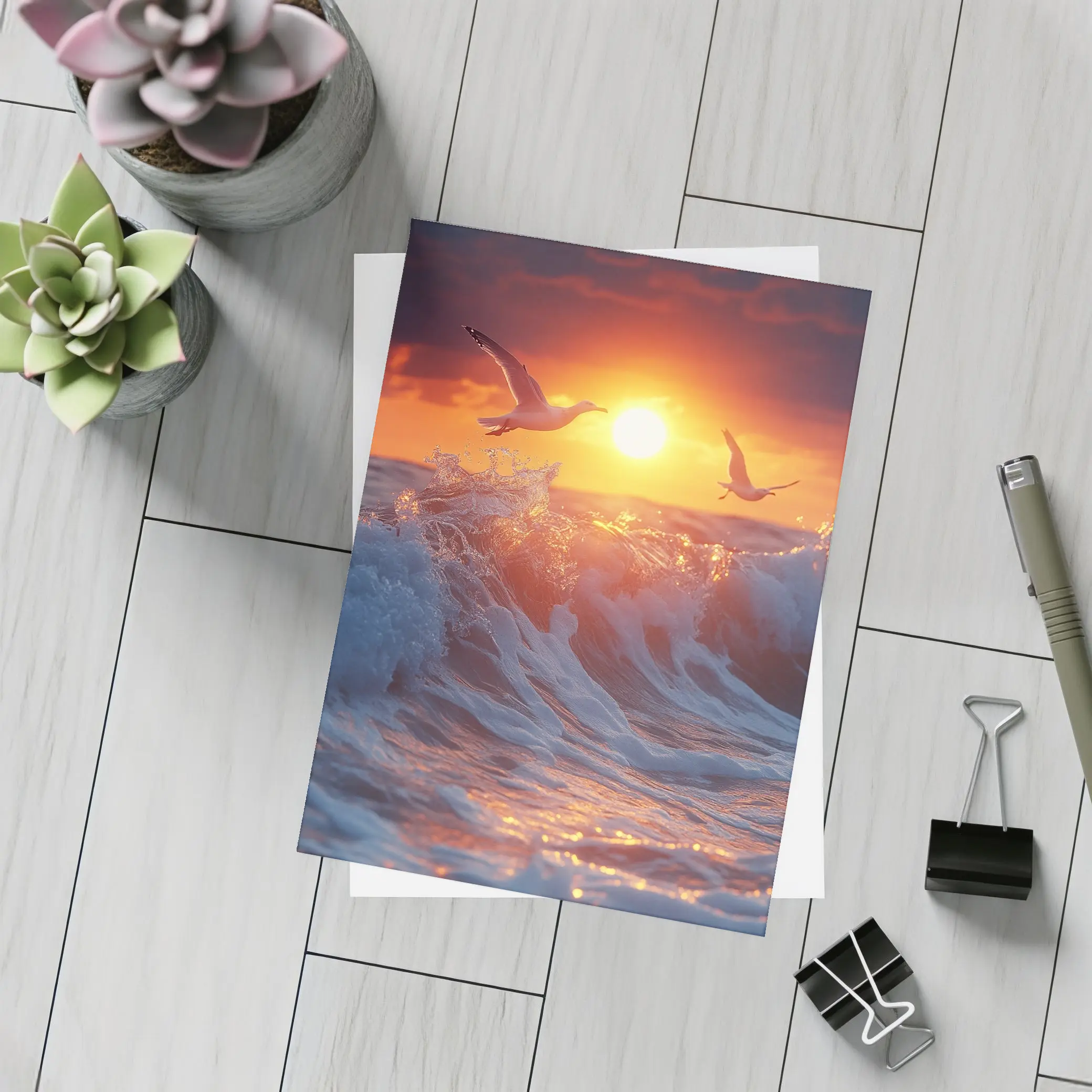 Seagulls Flying Over Ocean Sunset Waves – Postcards