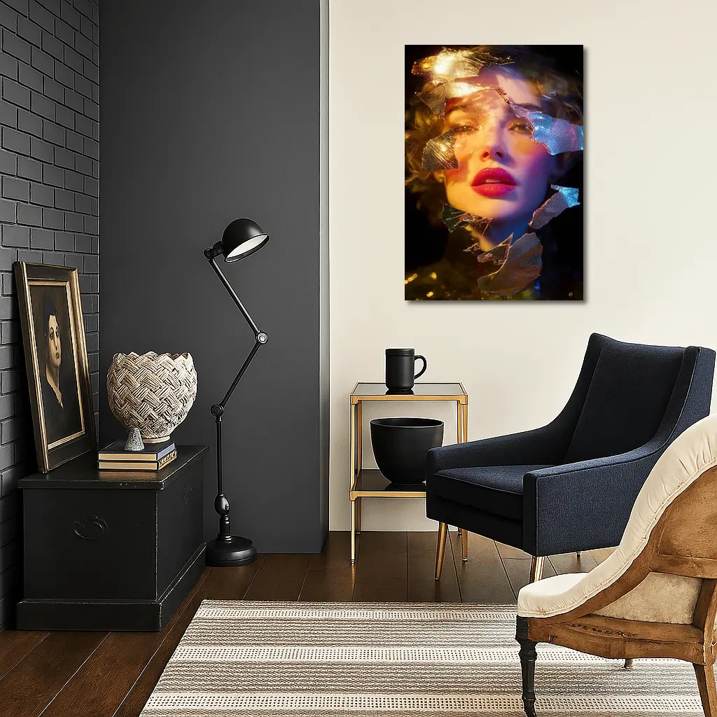 Woman Portrait Shattered Gold Foil Dark Background – Wall Art