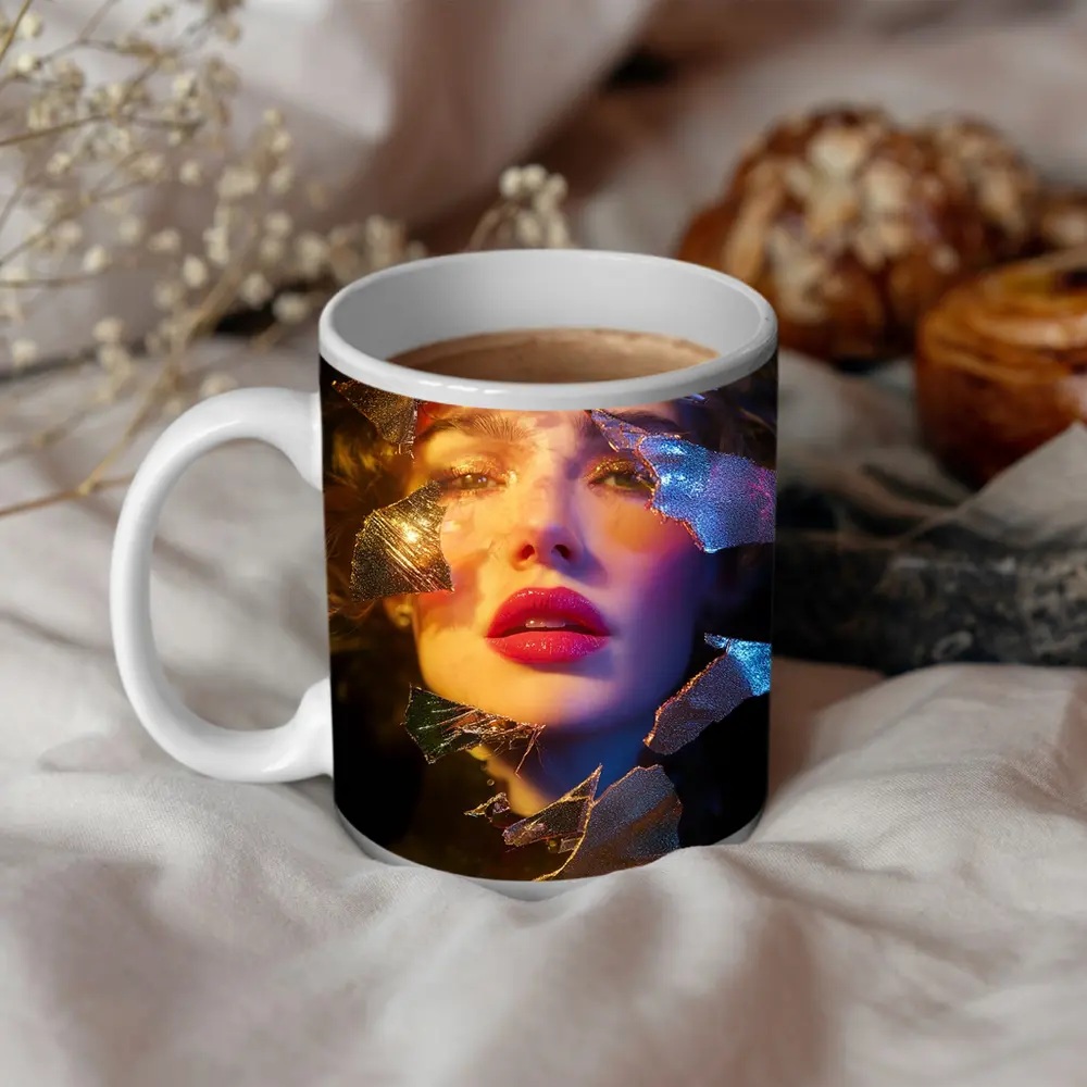 Woman Portrait Shattered Gold Foil Dark Background – Mugs