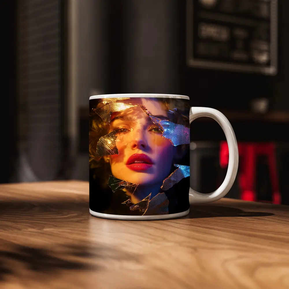 Woman Portrait Shattered Gold Foil Dark Background – Mugs