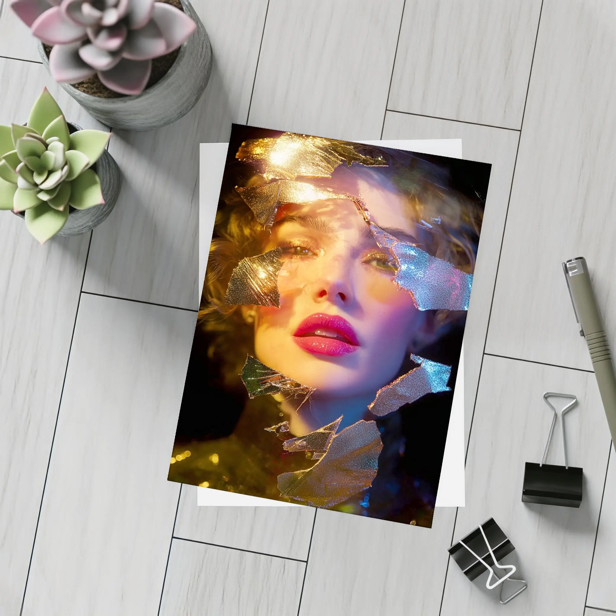 Woman Portrait Shattered Gold Foil Dark Background – Postcards