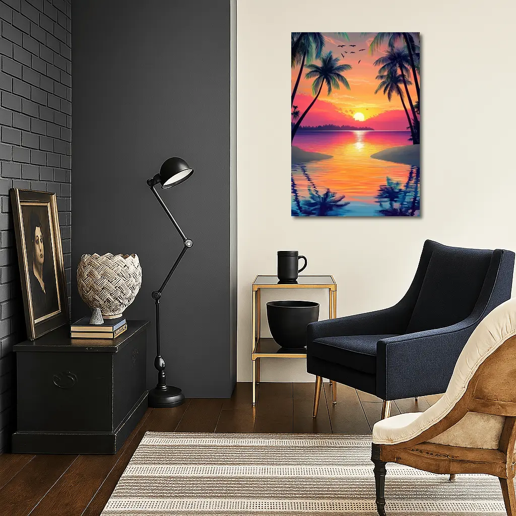 Tropical Sunset Palm Trees Colorful Beach – Wall Art