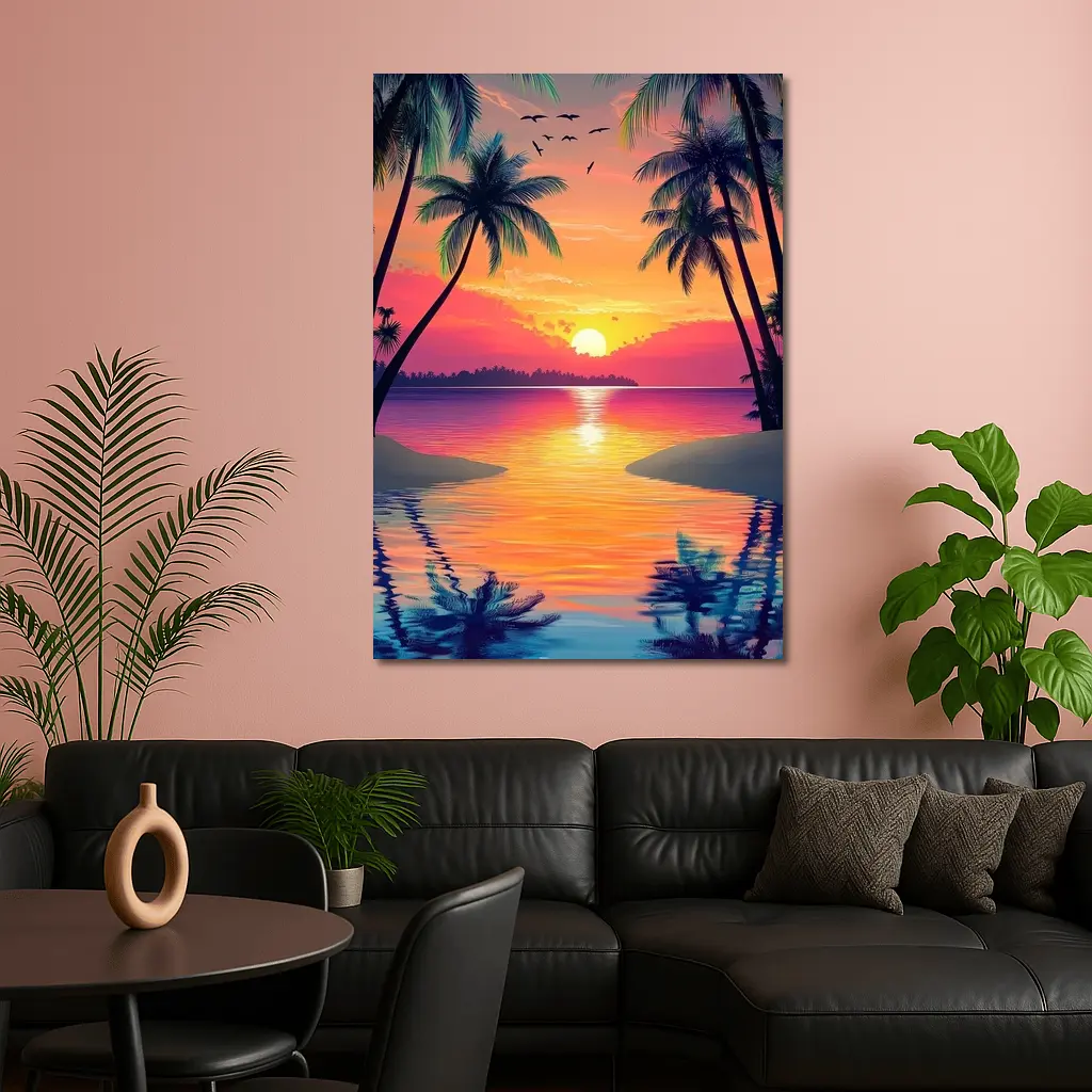 Tropical Sunset Palm Trees Colorful Beach – Wall Art