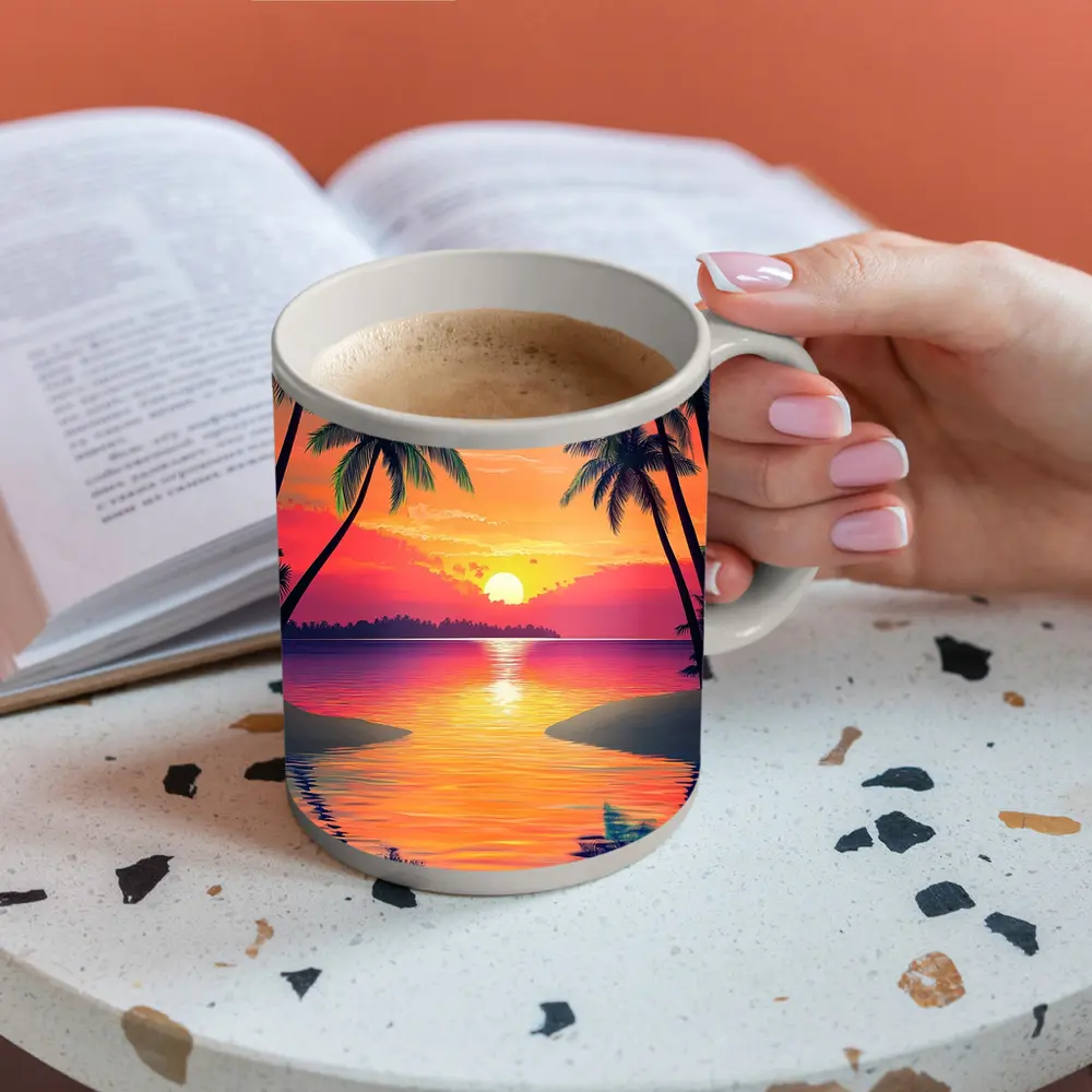 Tropical Sunset Palm Trees Colorful Beach – Mugs