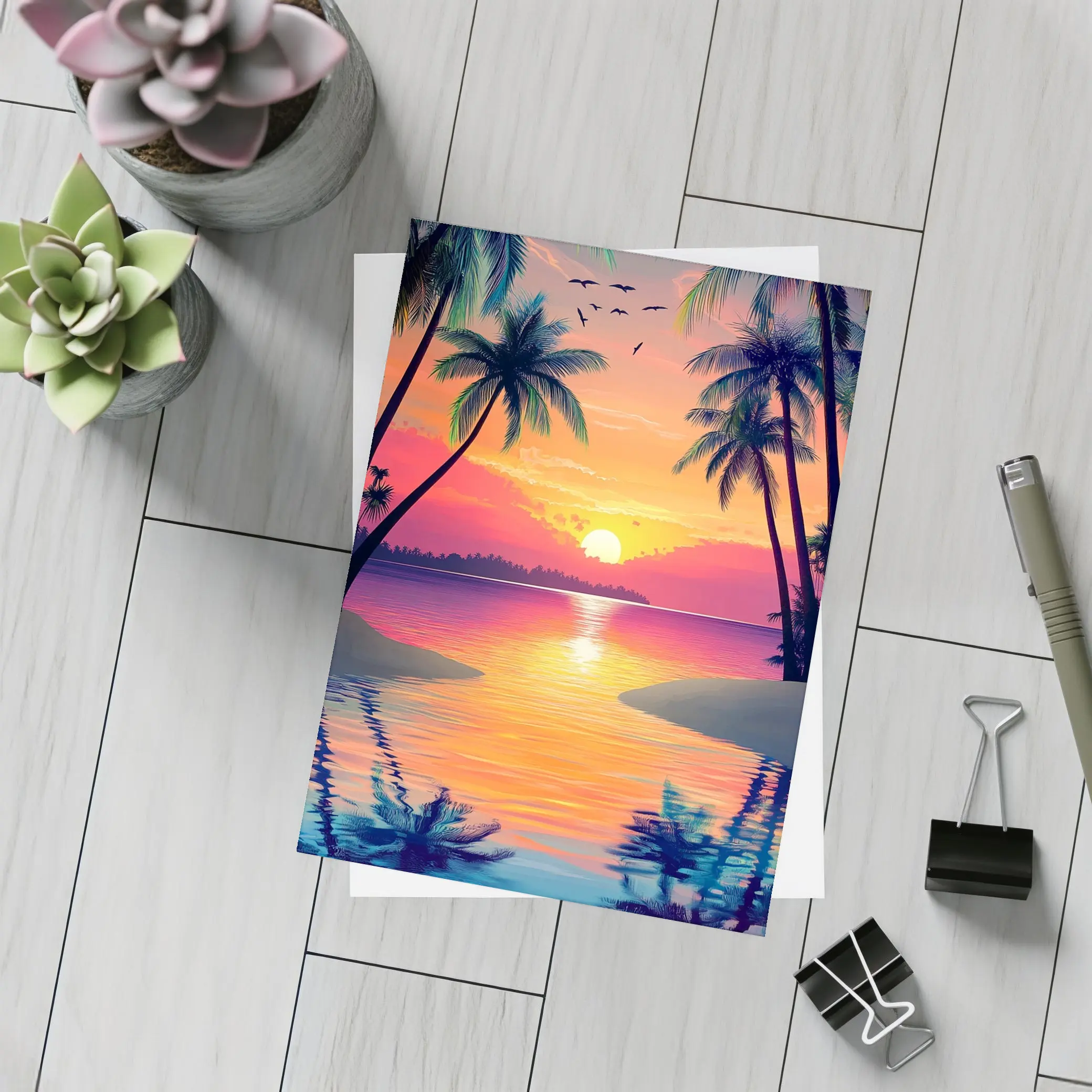 Tropical Sunset Palm Trees Colorful Beach – Postcards