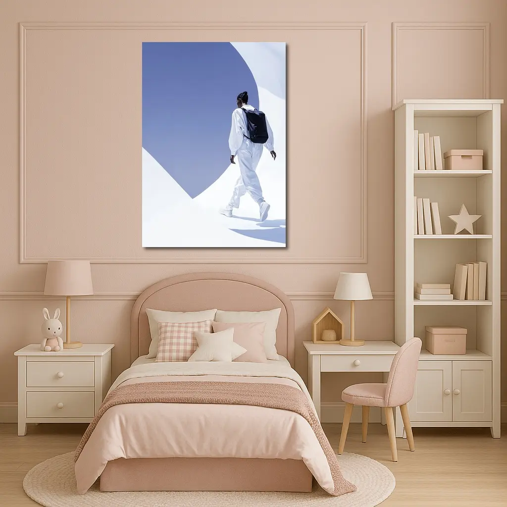 Person White Outfit Black Backpack Blue Sky – Wall Art