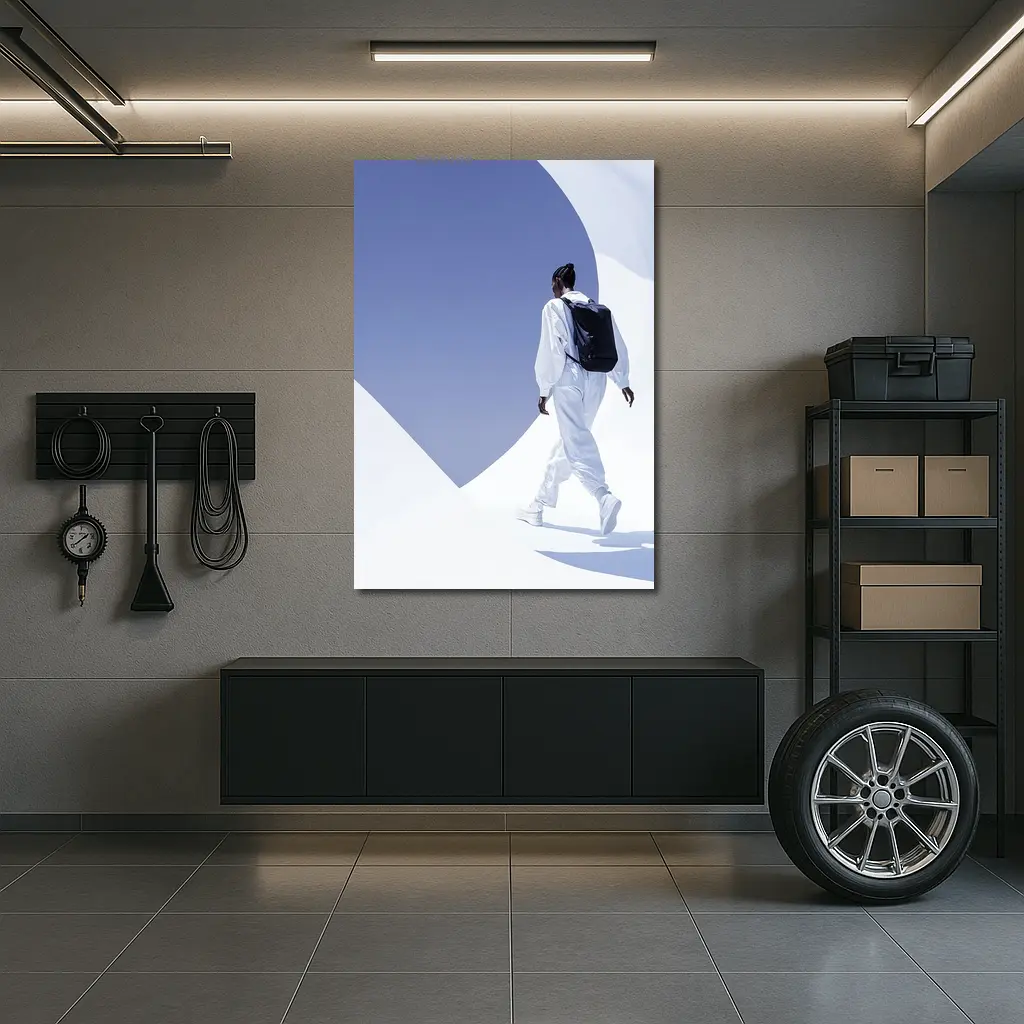 Person White Outfit Black Backpack Blue Sky – Wall Art