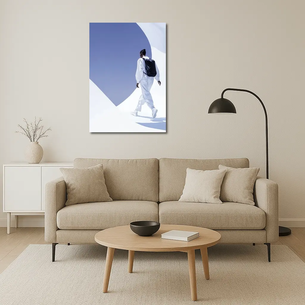 Person White Outfit Black Backpack Blue Sky – Wall Art