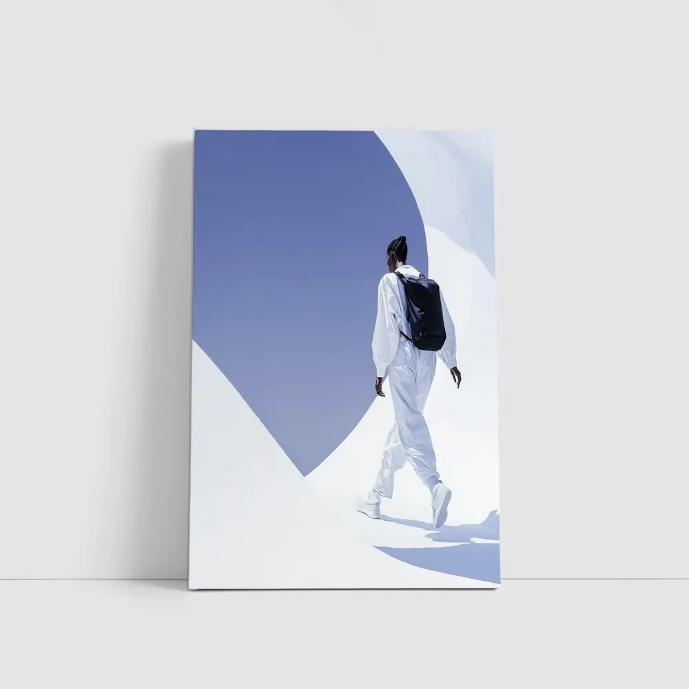 Person White Outfit Black Backpack Blue Sky – Wall Art