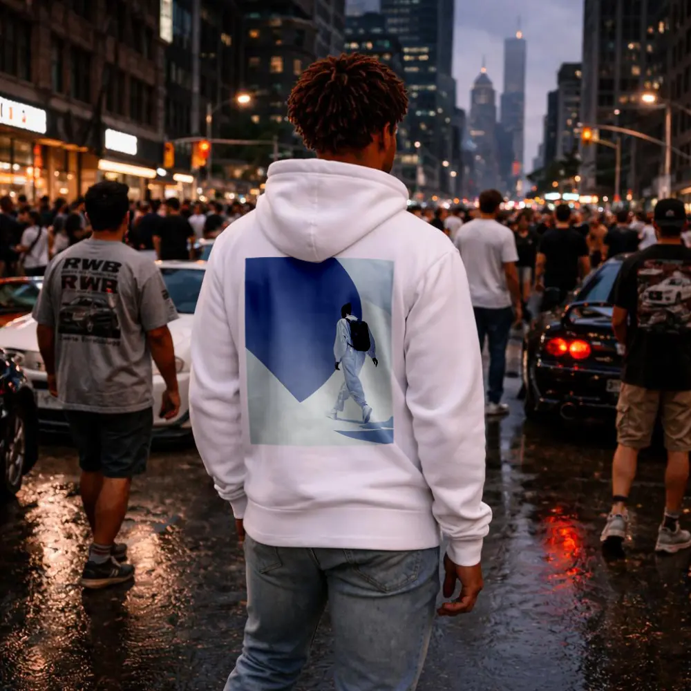Person White Outfit Black Backpack Blue Sky – Hoodies