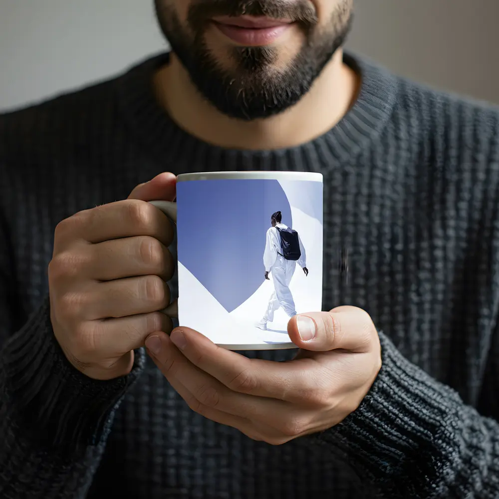 Person White Outfit Black Backpack Blue Sky – Mugs