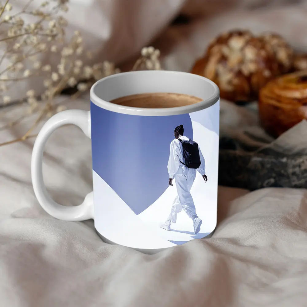 Person White Outfit Black Backpack Blue Sky – Mugs